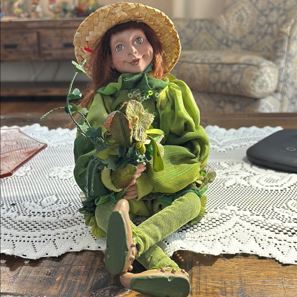 Whimsical Green Doll with Straw Hat. Irish leprechaun